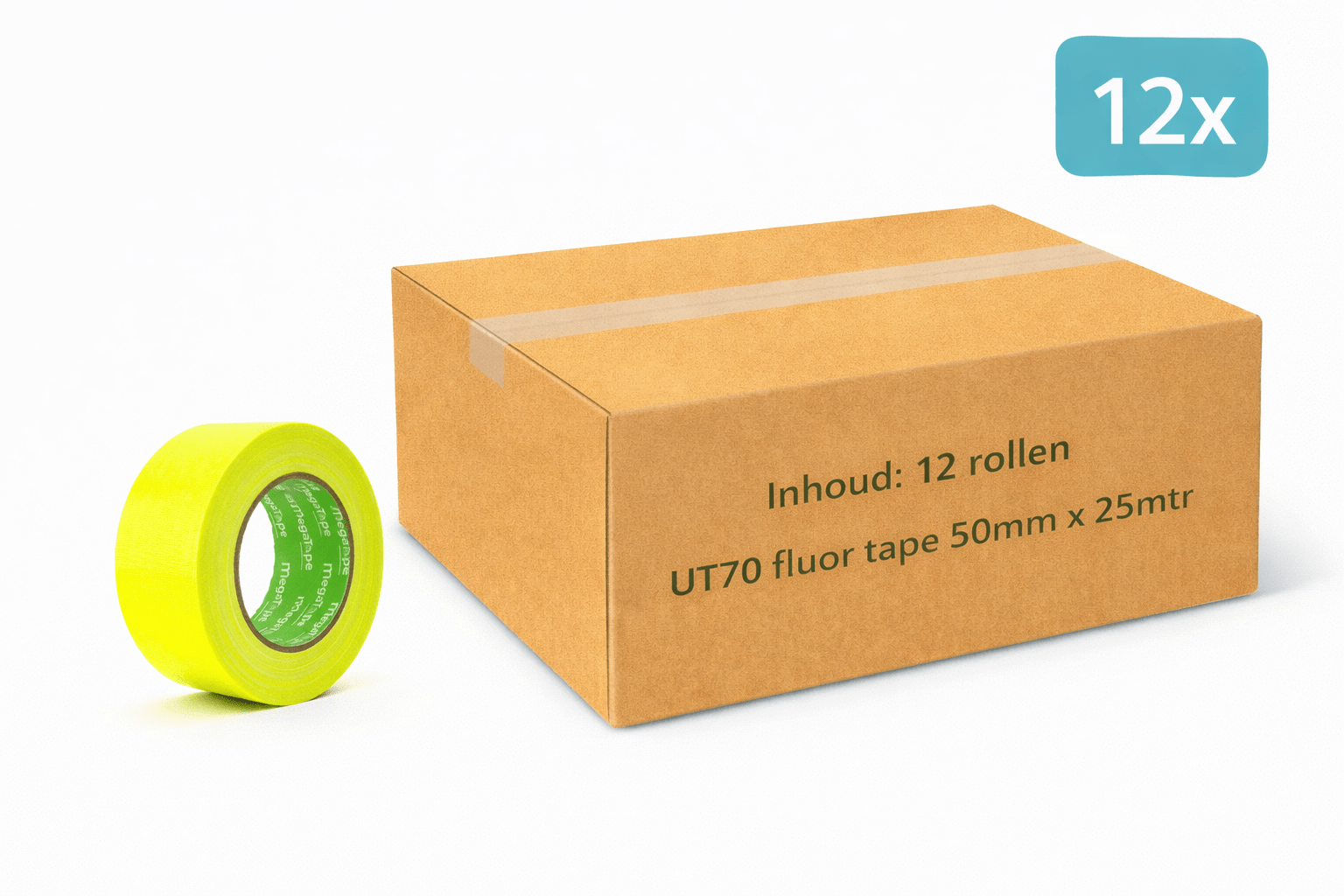 12x MegaTape UT70 · fluor gaffa tape · 25 m op rol · 50 mm · geel - Megatape UT70 - 3BUTE